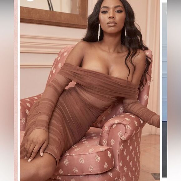 SEPIA BOUTIQUE Maisie Dress Brown Tulle Off Shoulder Bodycon - Picture 12 of 15